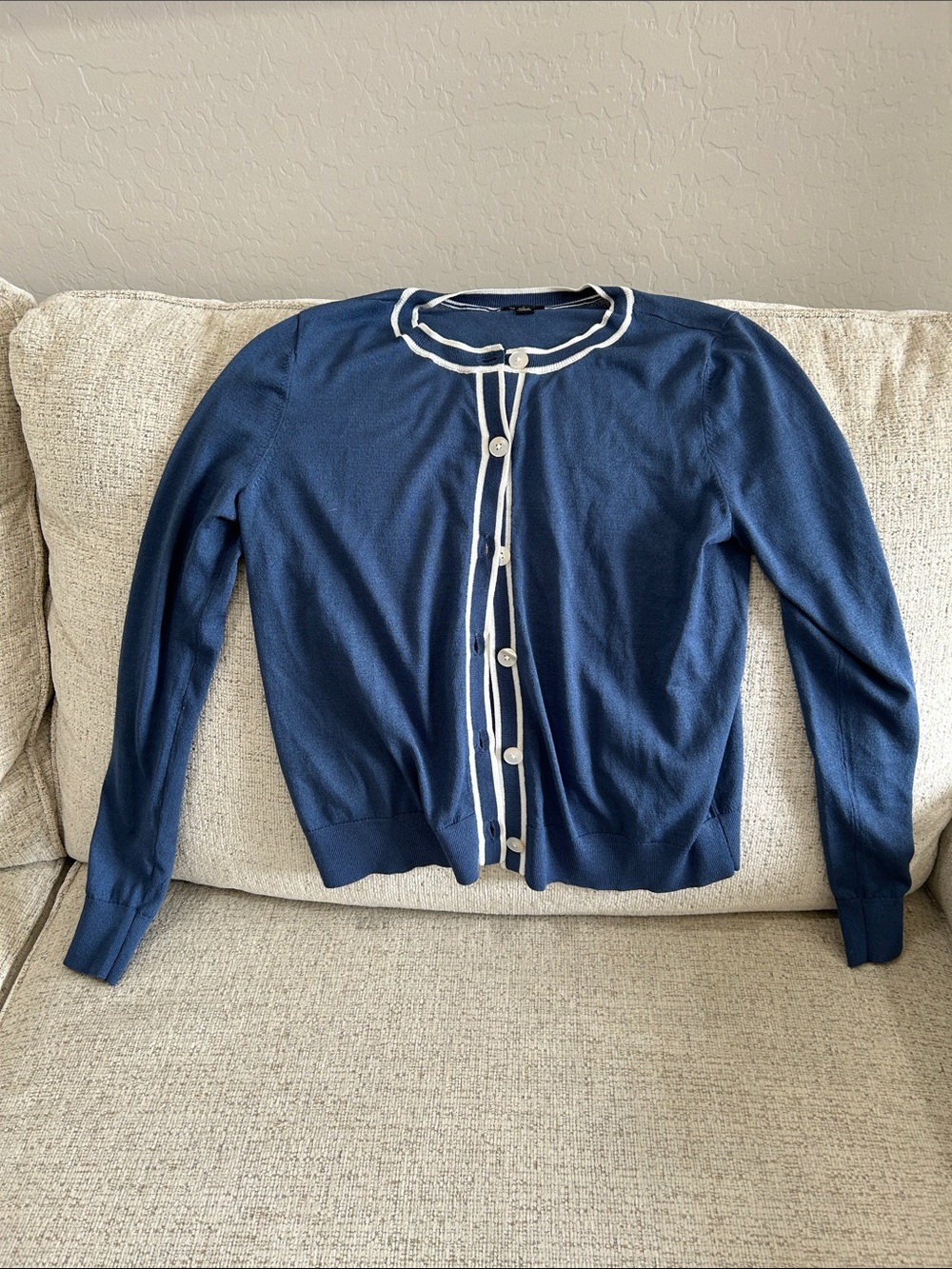 Ann Taylor Factory Blue Cardigan with White Trim